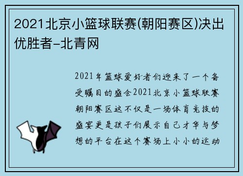 2021北京小篮球联赛(朝阳赛区)决出优胜者-北青网