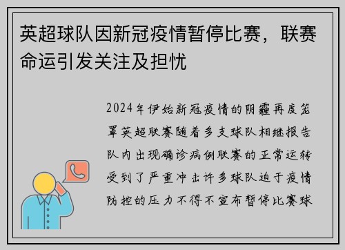 英超球队因新冠疫情暂停比赛，联赛命运引发关注及担忧